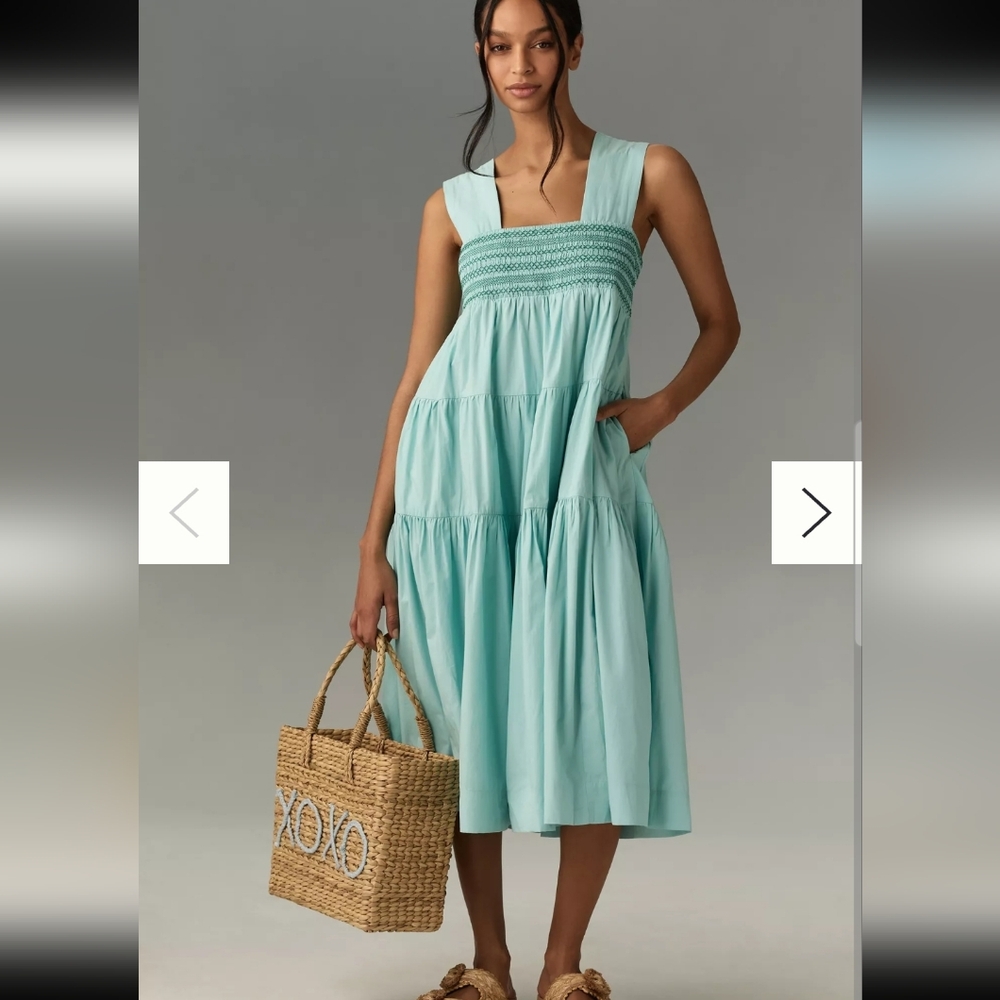 Anthropologie Mint Green Tiered Smocked Midi Dress